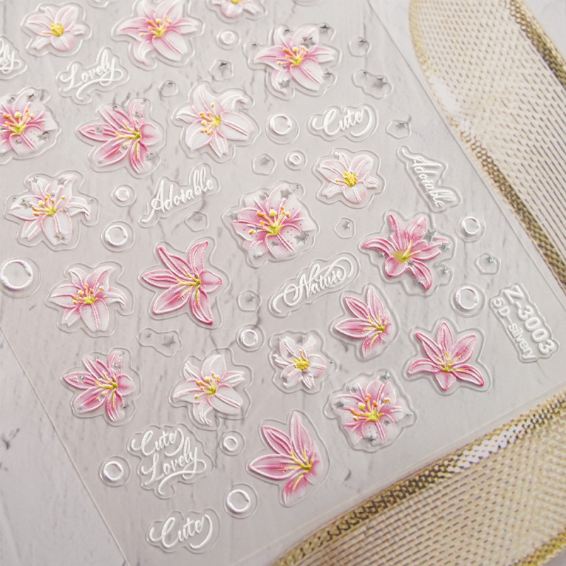 Cross-Border Popular Ins Influencer 5D Embossed Nail Stickers with Silver Foil Jelly Lily Flower 3D Nail Decoration Accessories