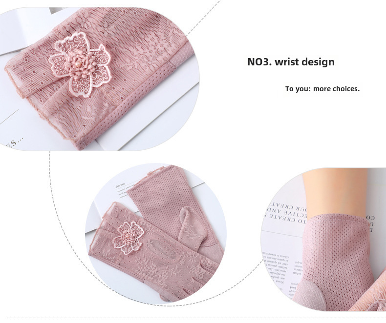 Summer thin ice silk gloves women's short thin outdoor cycling driving lace breathable touch screen sun protection gloves wholesale_voghion.com