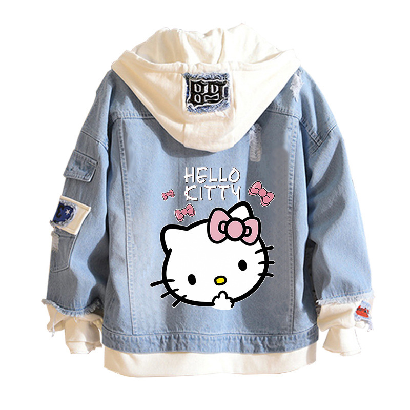 Hello Kitty Joint Denim Coat Trendy Brand Hello Kitty Hooded Sweatshirt Spring and Autumn KT Cat Sweet Top