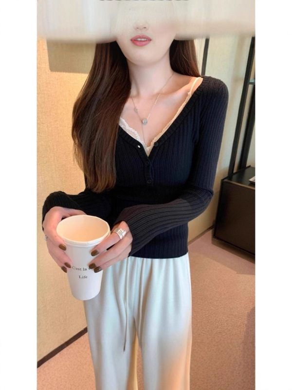 纯欲低领叠穿修身打底衫女春季绝美设计感毛衣内搭长袖针织衫上衣|undefined