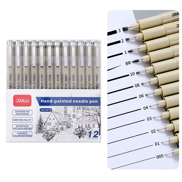 Needle Pen 12 Size Set Stroke Pen Animation Sketch Pen Cross-border Hot Sale Water-based Paint Drawing Pen