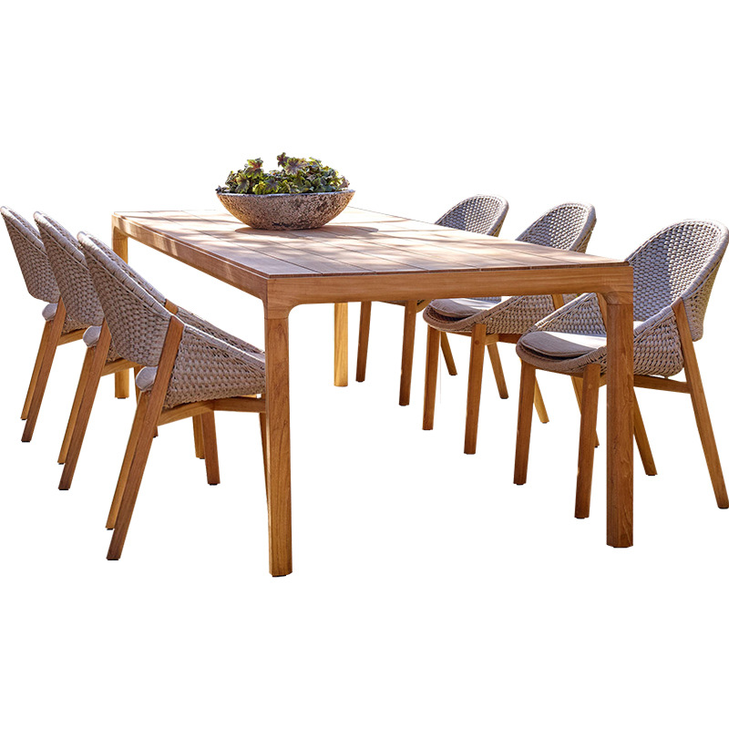 Mesas y sillas de teca para exteriores, muebles de madera anticorrosivos para patio de villa, conjunto de sillas de ratán de madera maciza para ocio al aire libre en hoteles.