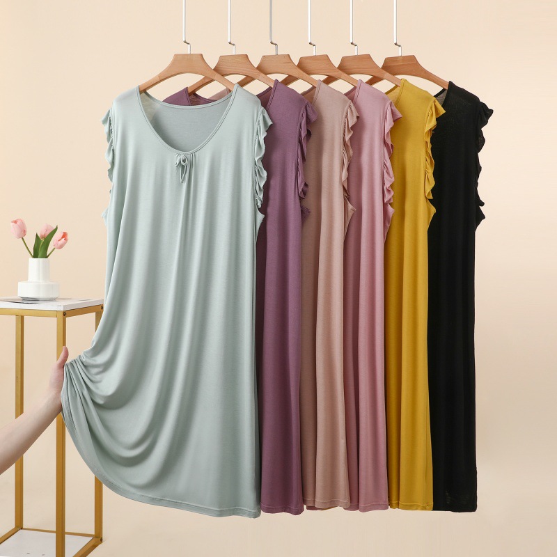 Modal Lace Sleeveless Nightgown for Women, Summer Thin Loose Pleated Bow Mid-Length Dress, Can Be Worn Outside as Loungewear