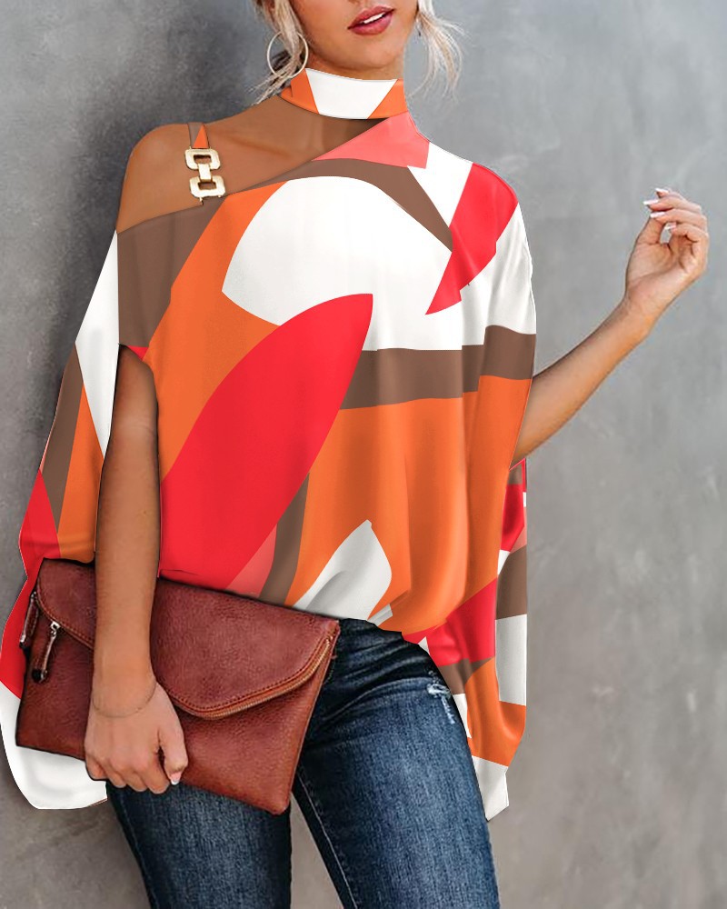 Regular Top Length Blouse Tops Type Wholesale Women'S Fashion Printing Short Sleeve Patchwork Blouses