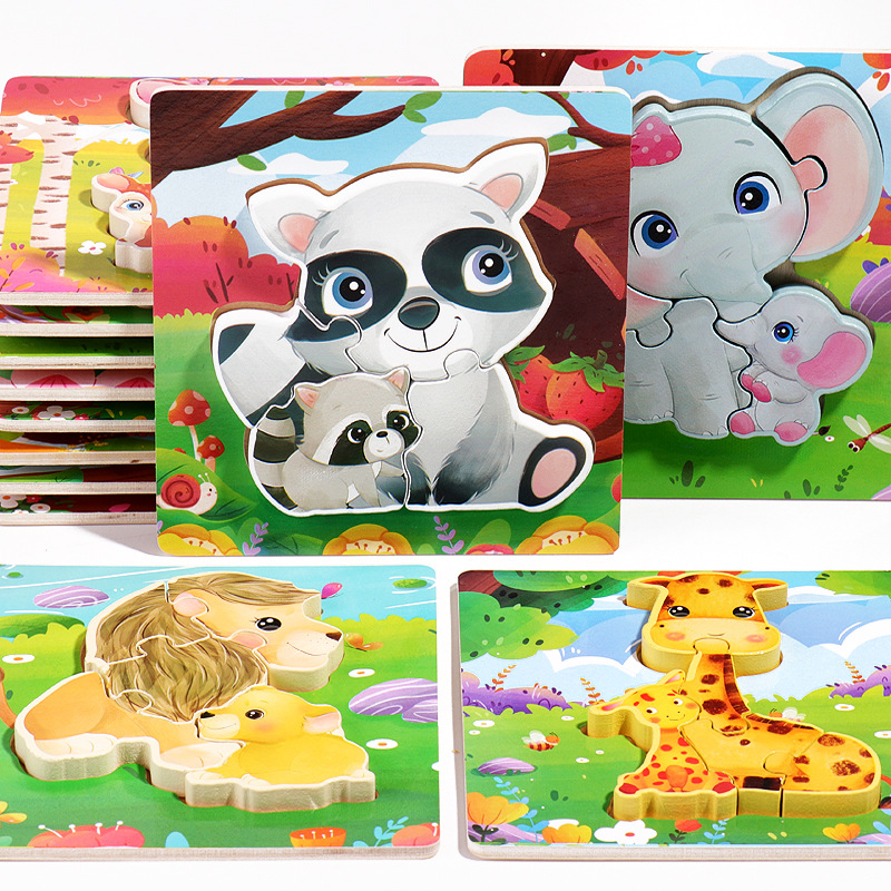 18 animales de dibujos animados de madera padres-hijos rompecabezas niños pequeños 1 - 3 - 5 años de iluminación educativa juguetes pequeños regalos