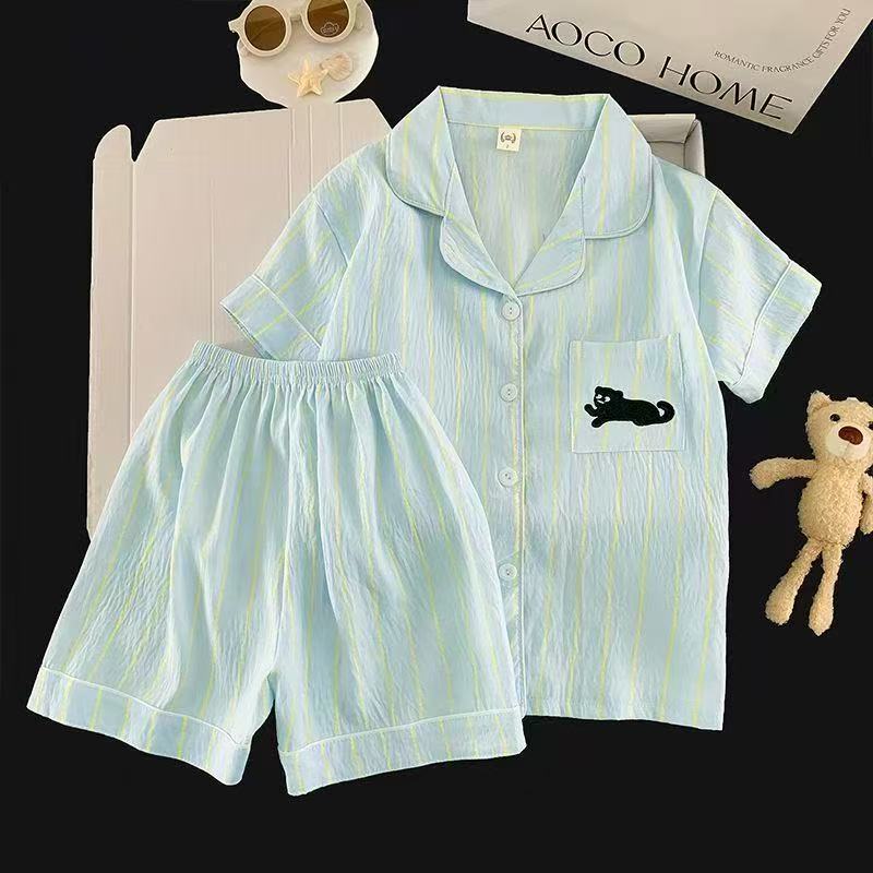 Summer Children's Pajamas for Girls, Cloud Cotton Turn-Down Collar Cardigan, Short-Sleeve Shorts, Cartoon Design for Boys, Student and Older Children, Home Wear