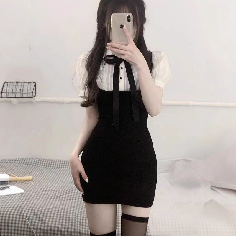 Girly Style Summer New Women's Clothing Sweet and Pure Internet Celebrity Detachable Bow Fake Two-Piece Black and White Splicing Dress Trendy