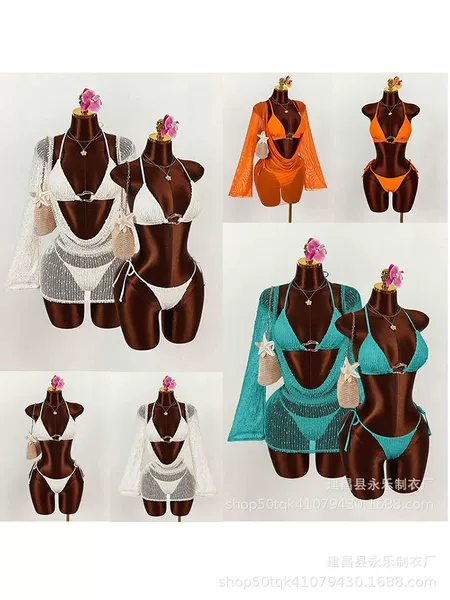 Swimsuit for Women, Sexy Three-Piece Set, European and American Style Cover-Up, Tie-Up, Heart-Shaped Cutout Bikini, Cross-Border Best-Selling Swimwear