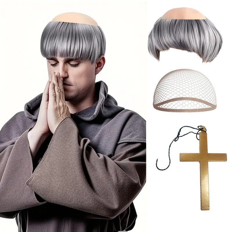 Halloween Bald Wig Jesus Bald Headgear Monk Wig Brown Adult Monk Character Wig Dress up