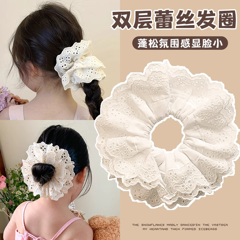 Francés de doble capa de encaje blanco anillo de cabello de intestino para niñas atado correa de cabello de alta sensación de cabello de niños red tocado rojo