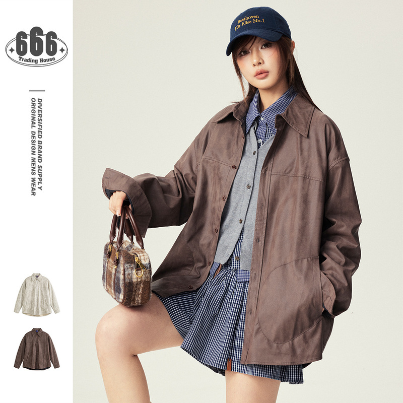 N-52Trw American Retro Distressed Casual Pu Leather Shirt for Men and Women Loose Lapel Motorcycle Leather Jacket Cs167