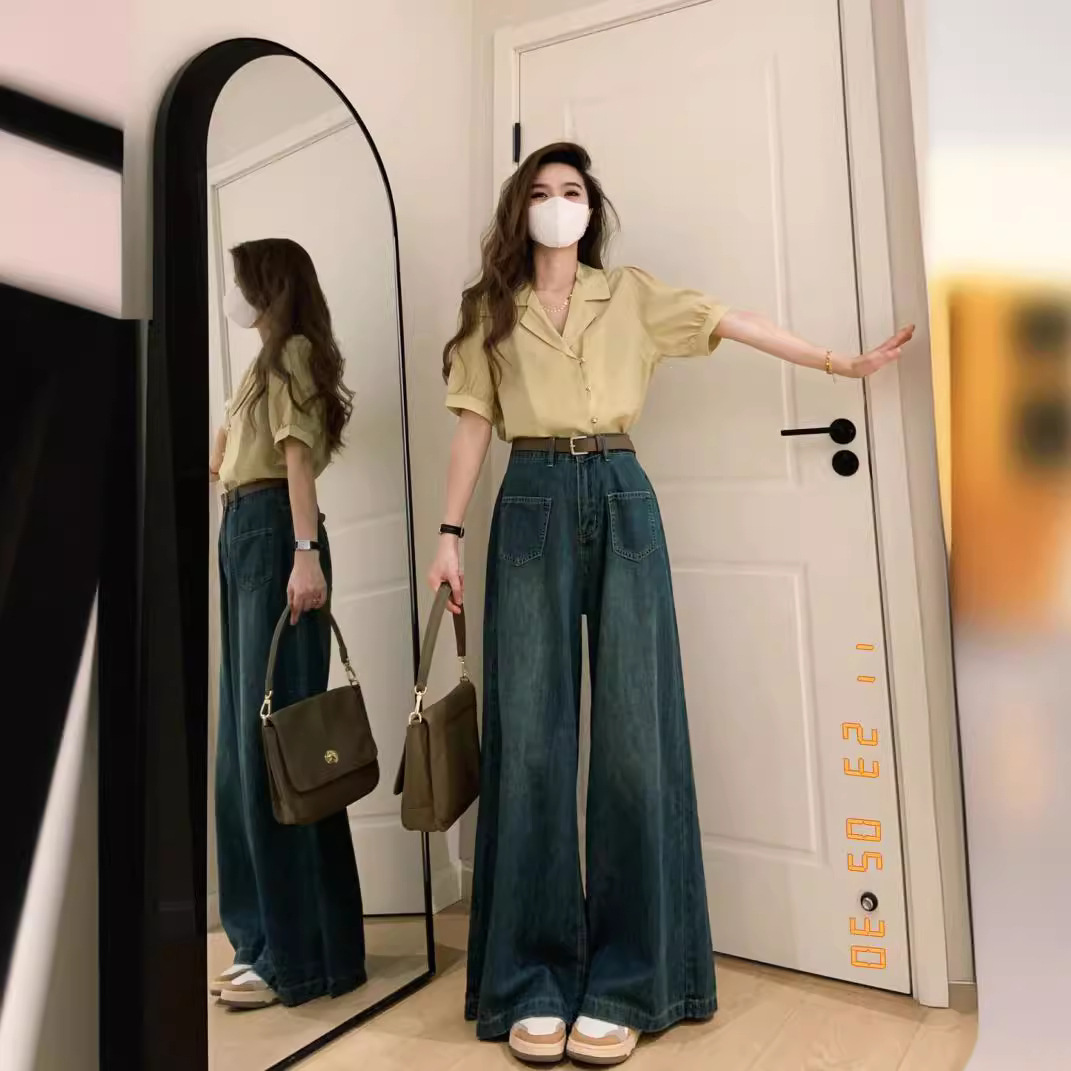 넓은 다리 청바지 여성의 봄과 가을 2025 새로운 디자인 센스 틈새 높은 허리 느슨한 스트레이트 다리 바지 긴 아들