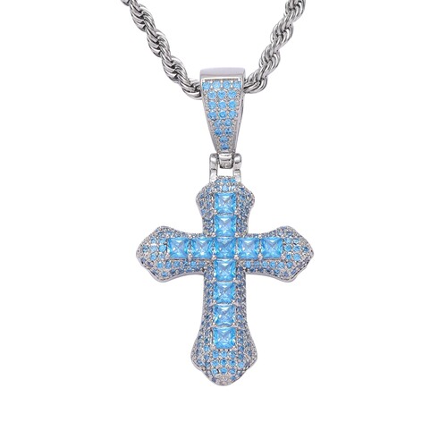 Blue Zirconium Cross Necklace Hip-Hop Fashion Heavy Work Diamond-Embedded Simple Clavicle Chain Unisex Pendant