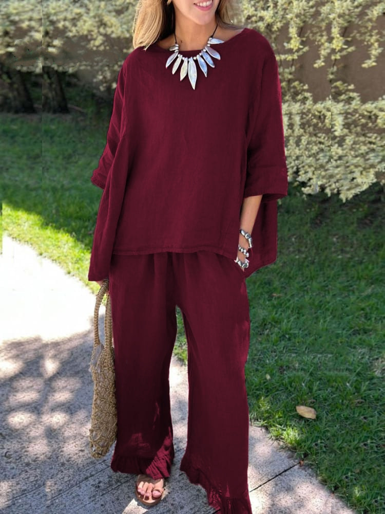 Tweedelige set voor dames van katoen en linnen herfst winter_voghion.com