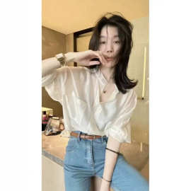 轻熟法式白色衬衫女长袖夏季高级感冰丝防晒上衣别致薄莎衬衣外套