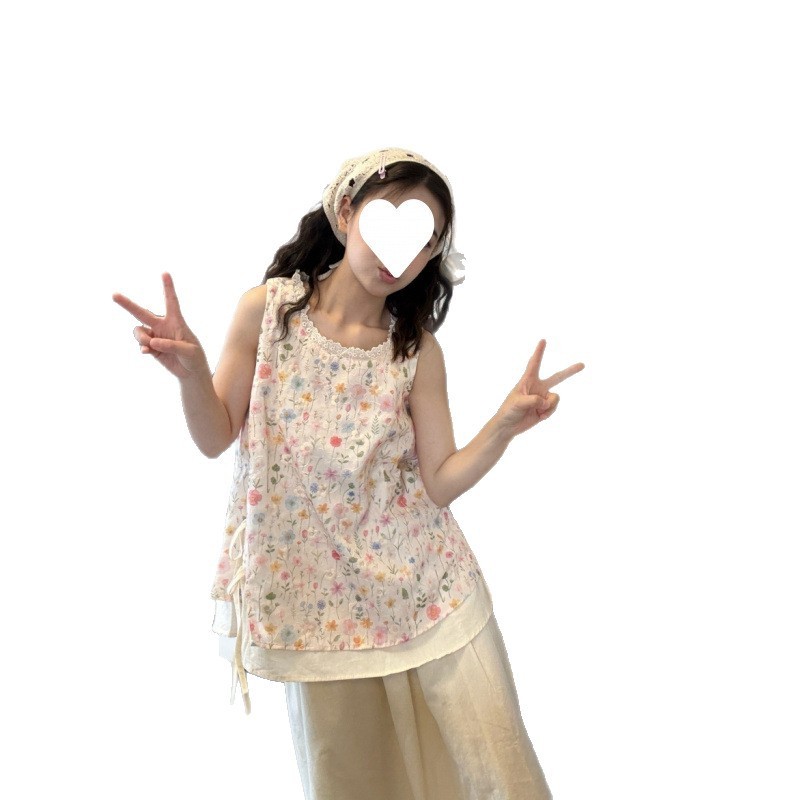 花柄プリントの小さなフレッシュベスト女性のための夏の2025新しいレーススプライシングラウンドネック甘いレースアップノースリーブトップ|undefined