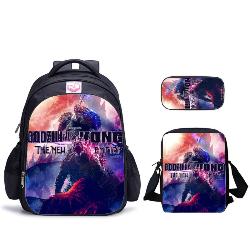 Hot-Selling Three-Piece Set - School Bag + Vertical Shoulder Bag + Pencil Case Godzilla Vs. King Kong 2 Cartoon Print Casual Bag