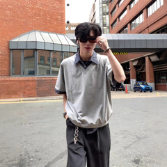 假两件灰色正肩短袖男款夏季美式复古重磅polo衫cleanfit半截袖