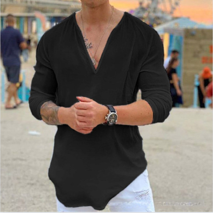 Men's Clothing Independent Station New Fashion V-neck Casual Solid Color Men's T-shirt Foreign Trade_voghion.com