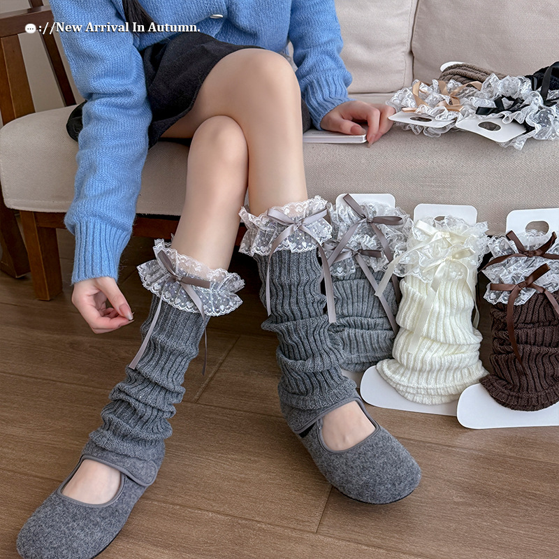 Scaldamuscoli, stivali, calzini alla moda in cotone per donna, primavera e autunno, stile balletto, fiocco in pizzo, calzini dolci impilati, calzini caldi in maglia per autunno e inverno_voghion.com