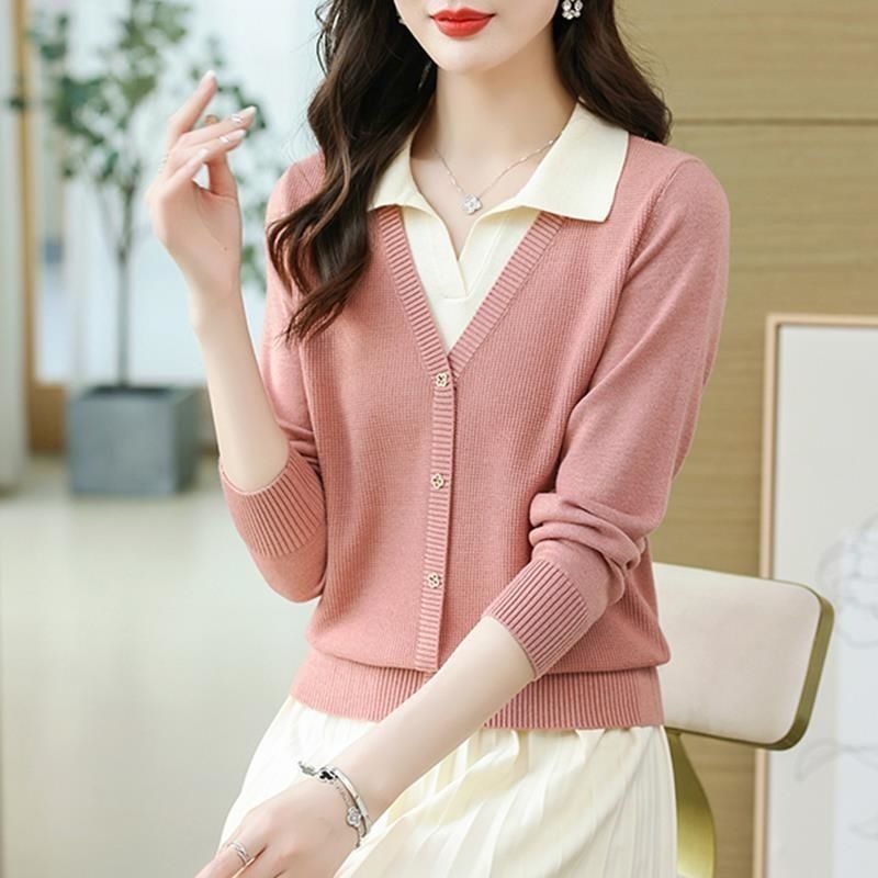 Falsas dos piezas de polo de cuello jersey suéter de mujer otoño y invierno nuevo color de alto grado caliente coreano corto top