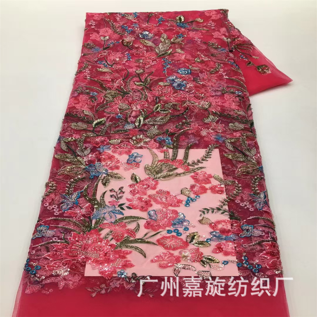 Flores de plantas coloridas estilo nacional bordado tela de encaje hecha a mano cuentas sequillas tela de vestido de boda