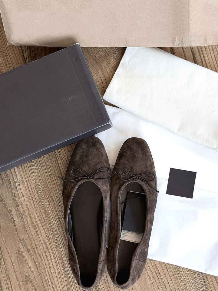 Giày búp bê nữ da bò đính nơ phong cách retro, đế bệt mũi tròn xỏ chân cổ thấp — Màu nâu (da) chi tiết 2