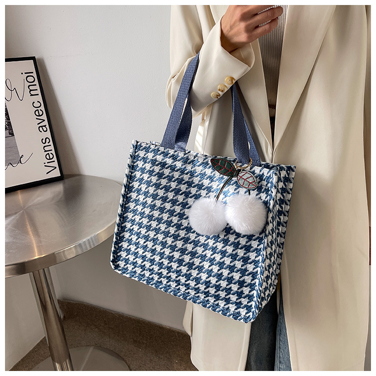 158g Weight Canvas Lining Material Women's Large Canvas Houndstooth Vintage Style Square Open Shoulder Bag Tote Bag