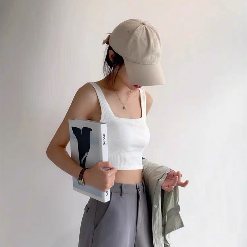Spring and Summer New Style One-piece Short Navel Square Camisole Vest with Chest Pad Women's Thread Vacation Style Sexy Camisole
