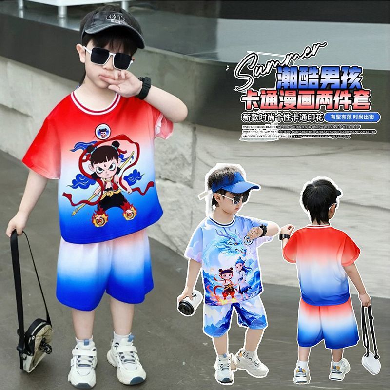 闪灯款男童夏季套装夏装哪吒衣服新款短袖儿童宝宝速干两件套包邮