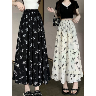 Chiffon Floral Skirt Women's Summer High-Waisted Mid-Length A-Line Skirt 2025 New Slim Half-Length Skirt Umbrella Skirt