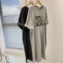 纯棉短袖连衣裙女夏季宽松正肩卡通百搭休闲遮肚藏肉垂感T恤长裙