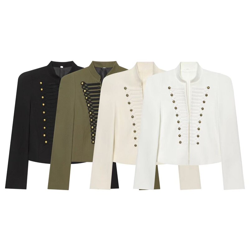 Cross-Border Women's Clothing Wholesale 2026 Spring New European and American Style Stand Collar Short Military-Style Blazer Jacket Cross-Border Women's Clothing Wholesale 2026 Spring New European and American Style Stand Collar Short Military-Style Blazer Jacket