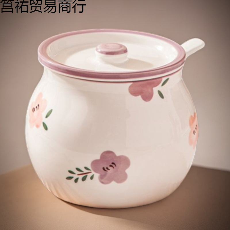 紫萱花耐高温家用大容量陶瓷猪油罐带盖罐子厨房|undefined