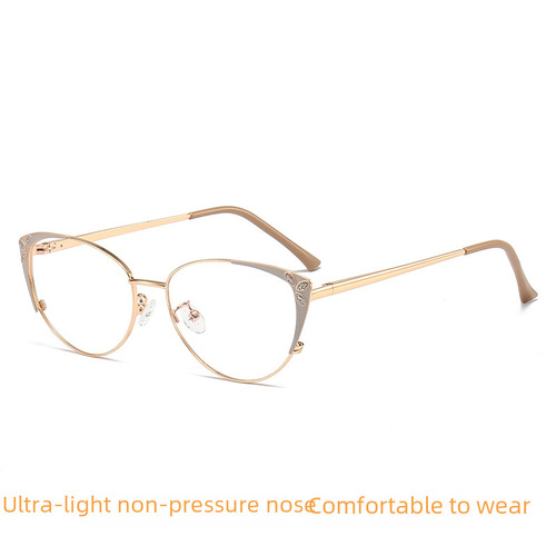 New European and American style cat-eye glasses frame metal simple face, internet-famous women's rhinestone slingshot temple, anti-blue light plain glasses