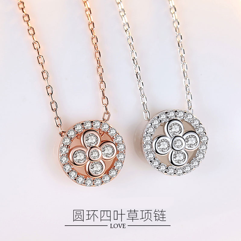 Celebridad en línea Singapur diamante completo trébol 925 Collar de plata colgante nicho diseño simple cadena de clavícula fabricante femenino