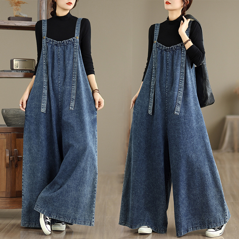 Plus-Size Denim Jumpsuit for Women, Vintage Loose Fit, Slimming Wide-Leg Denim Overalls