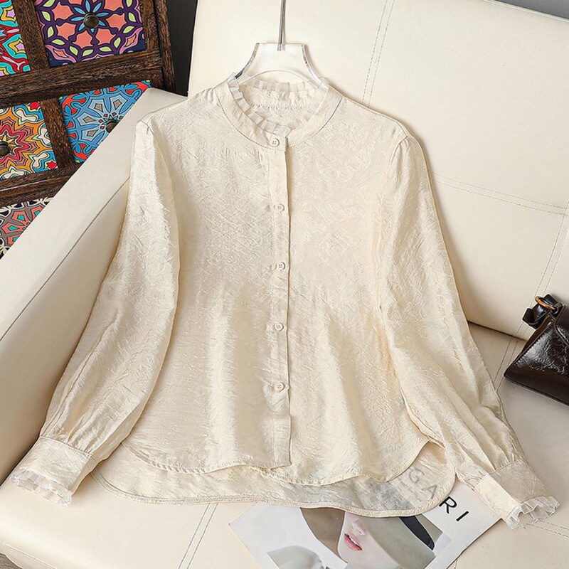 Lace Stand Collar Ice Silk Shirt Women's New Chinese Style Women's Autumn New Style Shirt National Style Long-Sleeved Cardigan