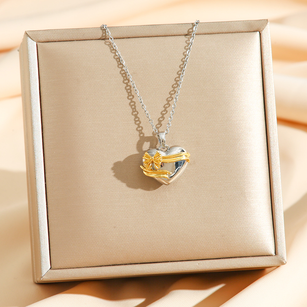 Titanium Steel Chain Material cable chain Chain Type Wholesale Jewelry Simple Style Heart Shape Bow Knot Titanium Steel Copper 18K Gold Plated Mixed Metal Pendant Necklace Cable Chain