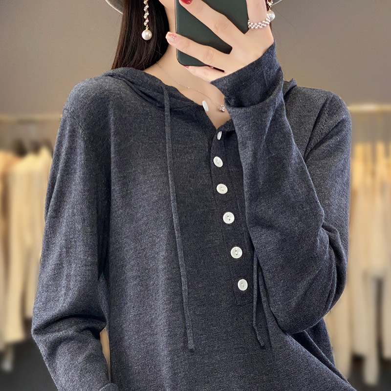 Spring 2024 New Cashmere Hooded Knitwear Women's Buckle Loose Hoodie Sweater Long Sleeve Slim Base Shirt