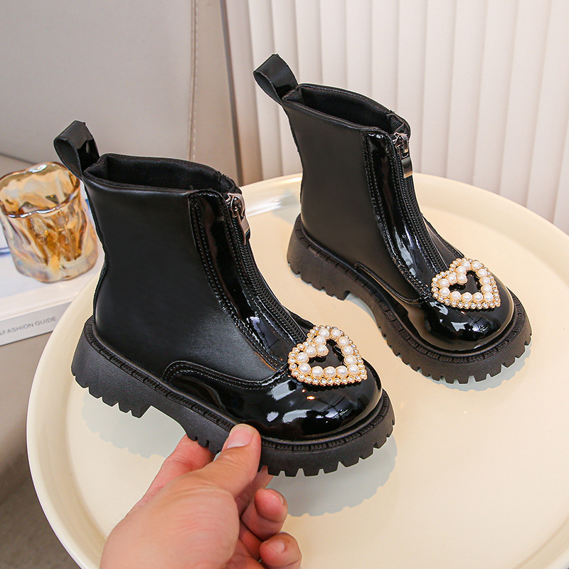 Girls Boots 2024 Autumn and Winter New Children's Martin Boots British Stylish Leather Boots fleece-lined Baby Little Girl Boots