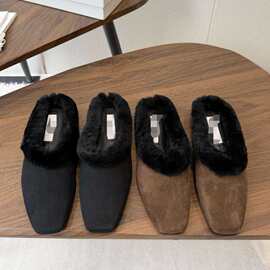秋冬高定羊皮毛方头复古一脚蹬保暖包头棉拖毛鞋Cotton slippers
