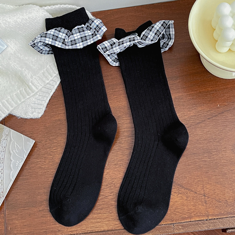 欧货设计款花边袜子女复古纽扣中筒袜韩版格子甜美显瘦饰品堆堆袜|undefined