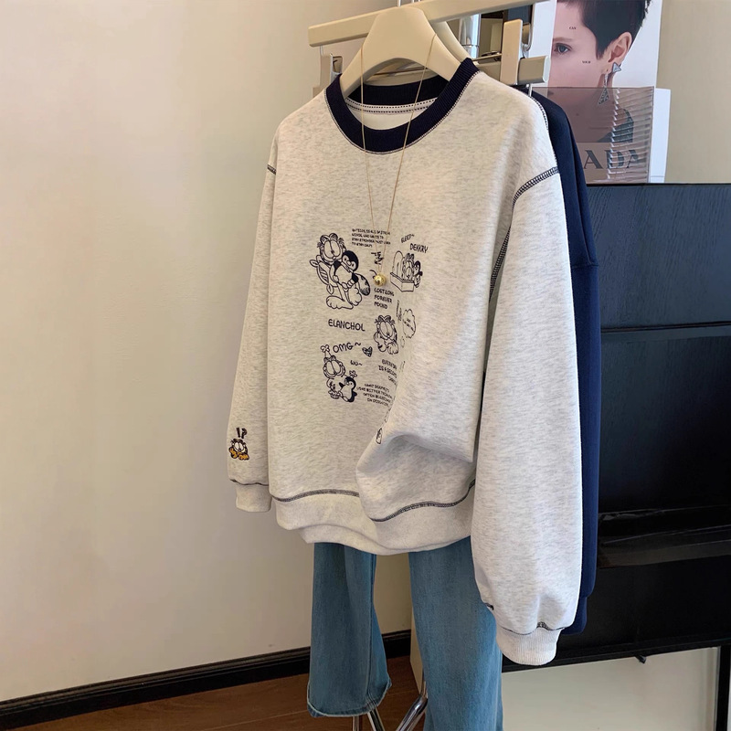 Extra Large Size 150kg American Fun Cartoon Print Sweatshirt for Women Spring & Fall Design Age-Reducing Color Matching Round Neck Top Extra Large Size 150kg American Fun Cartoon Print Sweatshirt for Women Spring & Fall Design Age-Reducing Color Matching Round Neck Top