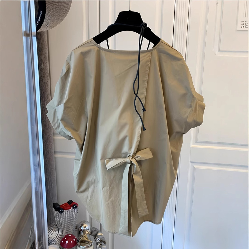 Summer Fashion Designer Niche Hem Elastic Pullover Short-Sleeved Shirt Women's Loose Bow Top