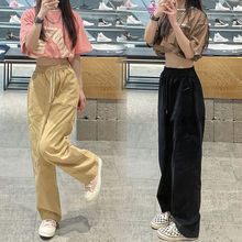 日系纯棉休闲裤子女直筒垂坠感宽松显瘦遮肉阔腿裤运动工装裤子潮