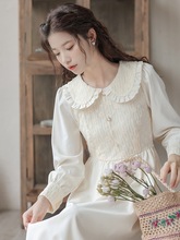 春秋新款甜美超仙蕾丝拼接娃娃领高腰大摆少女雪纺连衣裙