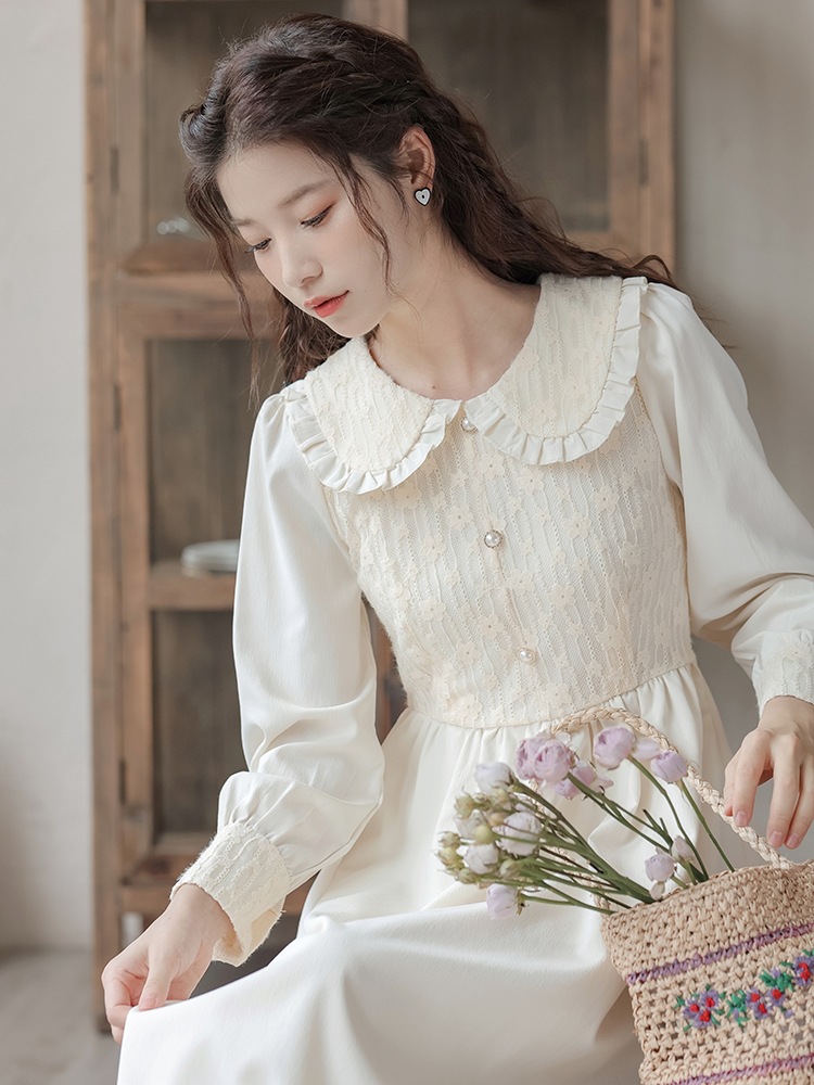 春秋新款甜美超仙蕾丝拼接娃娃领高腰大摆少女雪纺连衣裙