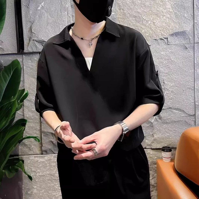 High-grade V-neck Polo Shirt Men's Summer Trendy Brand Ruffian Shuai Ice Silk Shirt Short-sleeved T-shirt 2024 New Casual Top