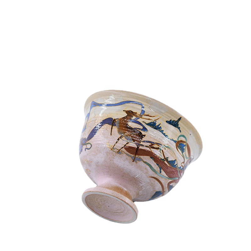 Impresión de Dunhuang Apsara cubierta Tazón de cerámica juego de té Tazón cultural regalo creativo fabricante de té 150ml de alto Pie de dos piezas taza de té